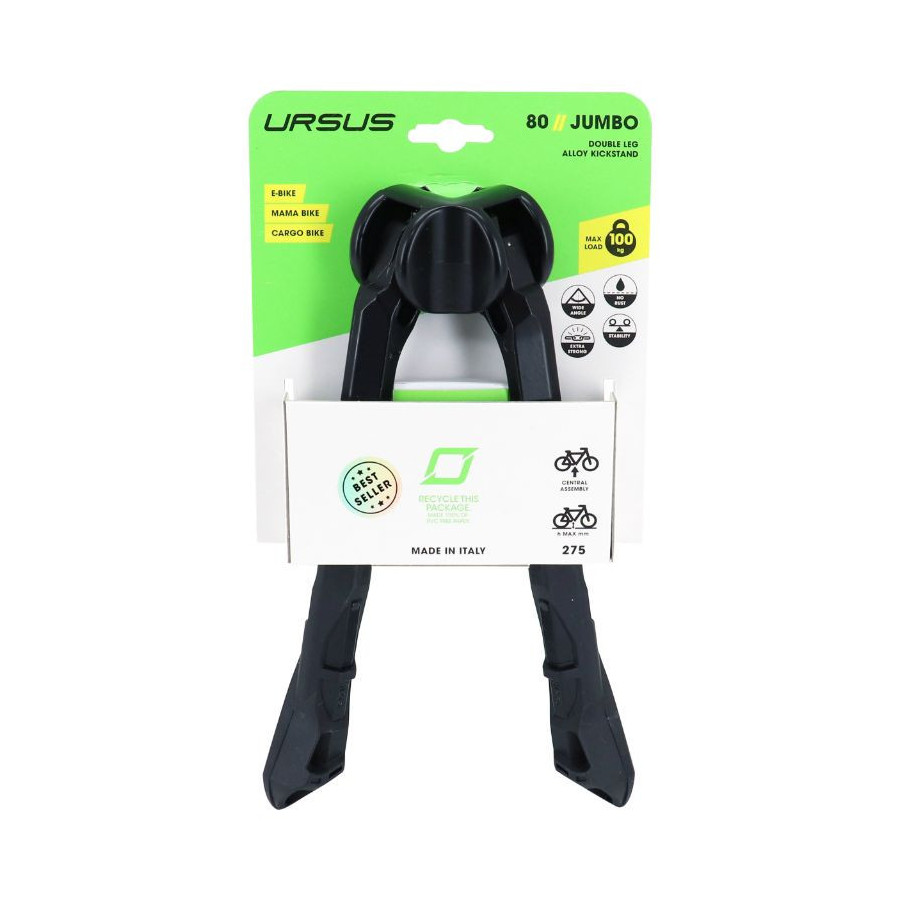 BEQUILLE VELO DOUBLE CENTRALE URSUS JUMBO 26" PLIABLE ALU NOIR 275mm - SUPPORTE 100KGS BEQUILLE VELO DOUBLE CENTRALE URSUS JUMBO 26" PLIABLE ALU NOIR 275mm - SUPPORTE 100KGS
