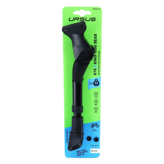 BEQUILLE VELO LATERALE ARRIERE URSUS R78 KING EVO REAR 16-20-24'' NOIR REGLABLE FIXATION 2 VIS SUR BASE SUPPORTE 35Kgs