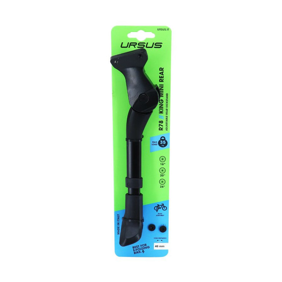 BEQUILLE VELO LATERALE ARRIERE URSUS R78 KING EVO REAR 16-20-24'' NOIR REGLABLE FIXATION 2 VIS SUR BASE SUPPORTE 35Kgs BEQUILLE VELO LATERALE ARRIERE URSUS R78 KING EVO REAR 16-20-24'' NOIR REGLABLE FIXATION 2 VIS SUR BASE SUPPORTE 35Kgs