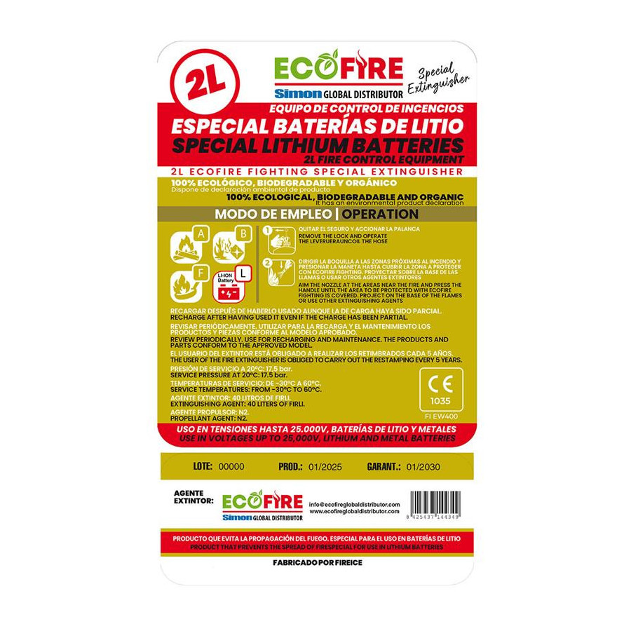 EXTINCTEUR DIELECTRIQUE POUR FEU DE BATTERIE LITHIUM