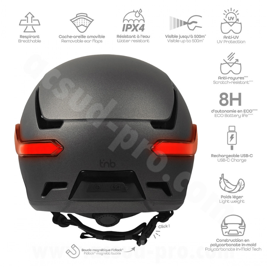 T'NB- CASQUE VELO TNB VIZION LED AVEC FEU STOP ET CLIGNOTANTS - GRIS ANTHRACITE - TAILLE L (59-61CM)