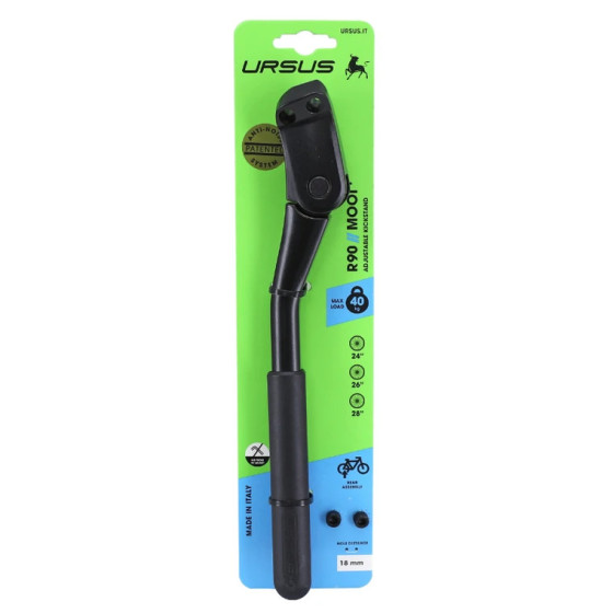 BEQUILLE VELO LATERALE ARRIERE URSUS R90 MOOI+ REAR 24-28'' NOIR REGLABLE FIXATION 2 VIS ENTRAXE 18 MM SUR BASE SUPPORTE 40Kgs