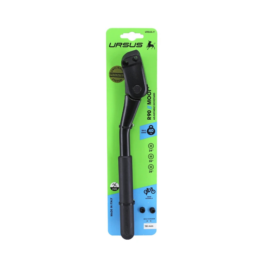 BEQUILLE VELO LATERALE ARRIERE URSUS R90 MOOI+ REAR 24-28'' NOIR REGLABLE FIXATION 2 VIS ENTRAXE 18 MM SUR BASE SUPPORTE 40Kgs
